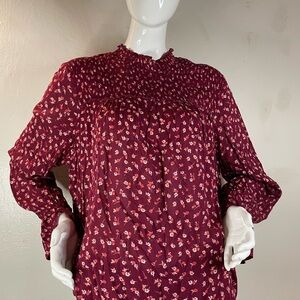 Xhilaration Burgundy Floral Smocked Yoke Blouse